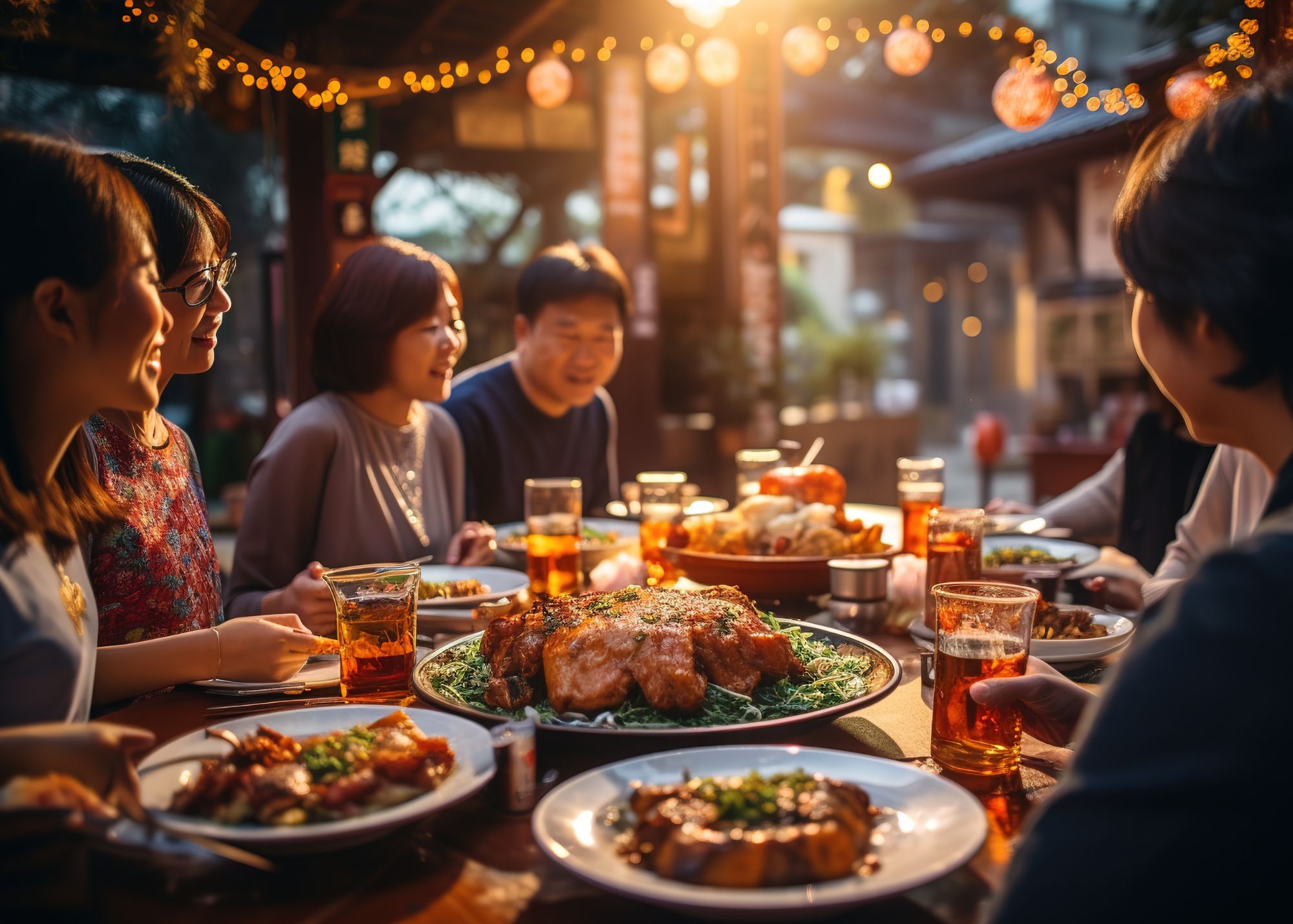 An image of an Asian family sitting around a table enjoying dinner together for Lunar New Year.