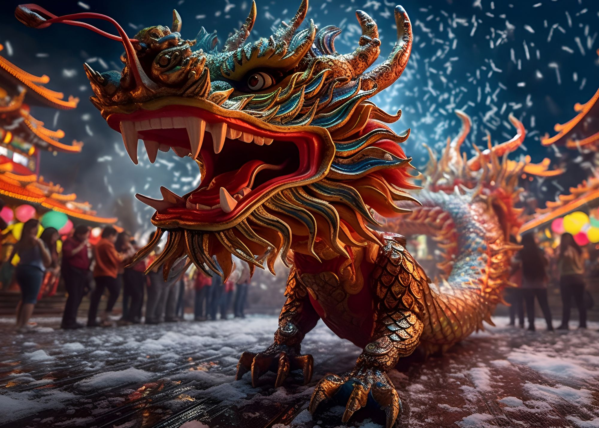 An AI-generated image of a Chinese New Year parade with a dragon surrounded by a crowd.