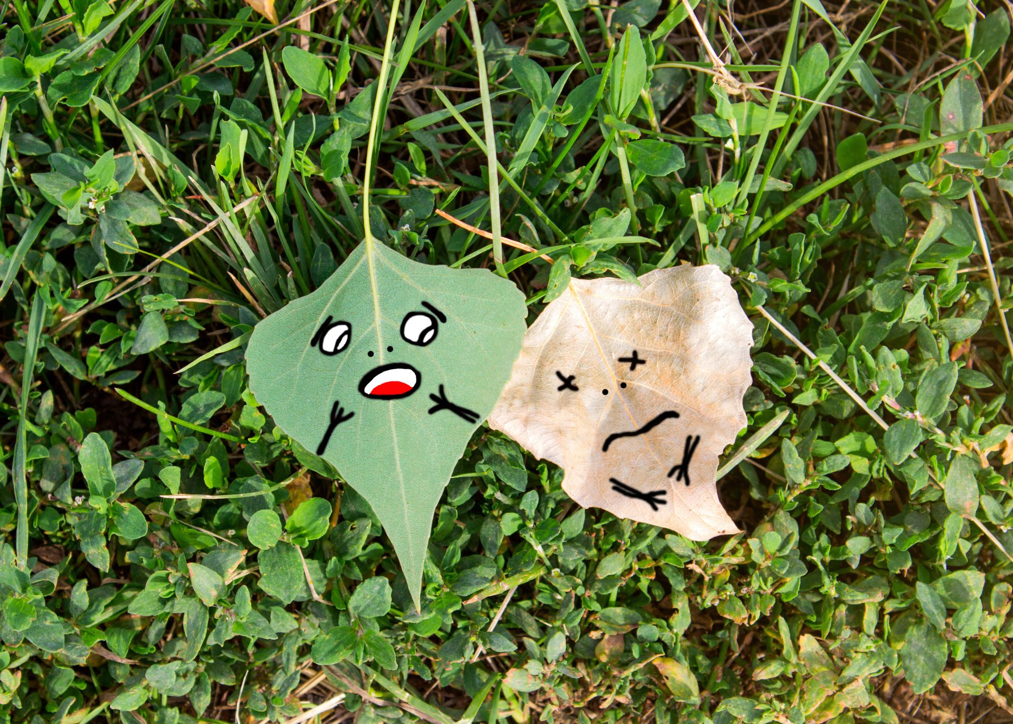 A visual meme showing a green leaf with a shocked look lying next to a "dead" leaf.
